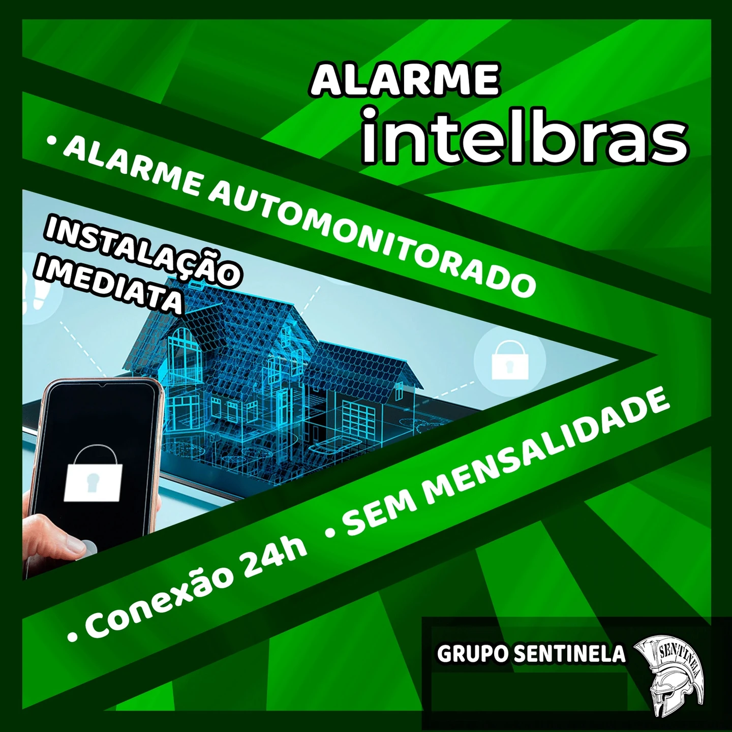 Campanha de alarme do Grupo Sentinela. Composição gráfica autoral; oferta histórica e dados de contato removidos.