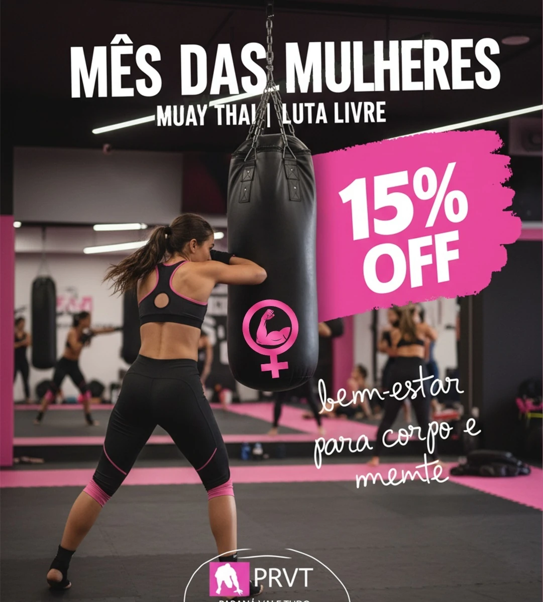 Peça promocional de Muay Thai: fotografia, título e desconto. Arte histórica sanitizada; cores originais preservadas.