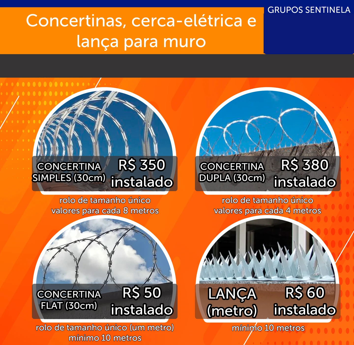 Concertinas — peça histórica com quatro produtos. Criação gráfica sem IA; contatos e identificadores removidos. Registra recursos e acabamento da época. Preços, instalação e alegações comerciais pertencem à arte original, não à oferta atual.