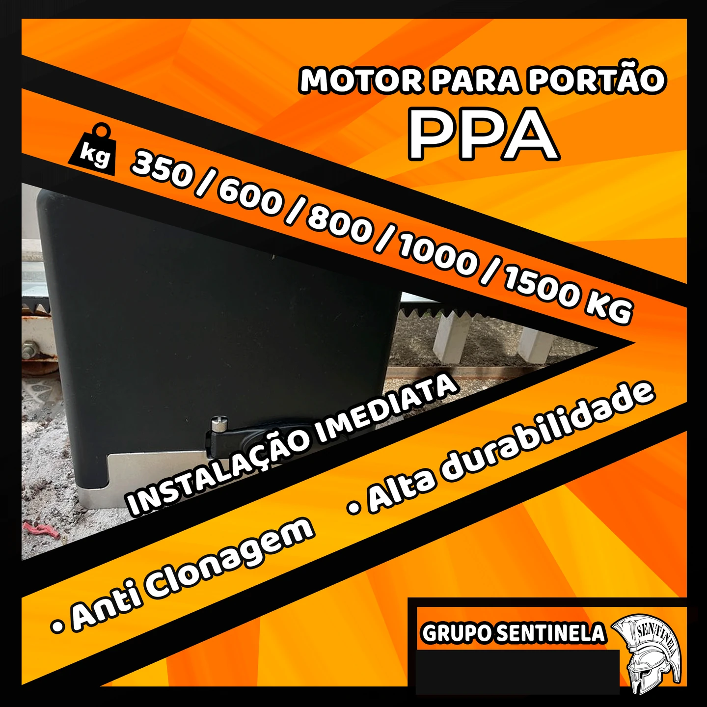 Campanha histórica de automatização de portão. Criação gráfica sem IA; telefone removido. Instalação e condições anunciadas pertencem ao contexto original.