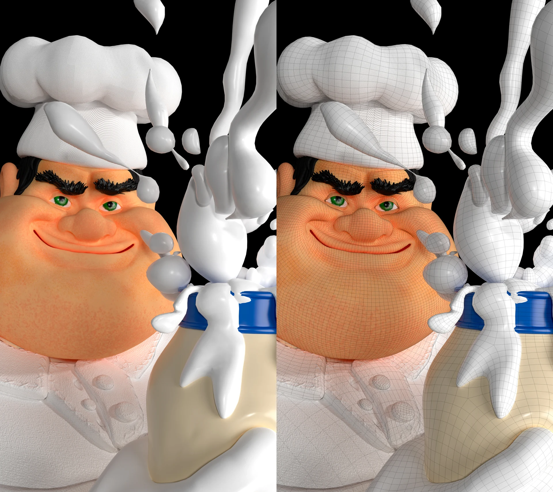 Comparação do rosto do Chef Malicioso, com acabamento e com malha visível