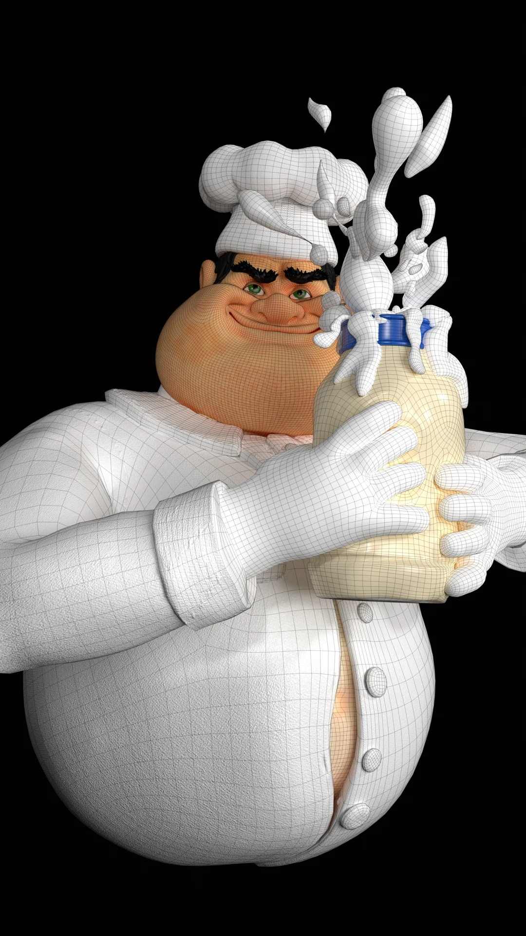 Render de chef estilizado com uniforme branco, garrafa e líquido suspenso