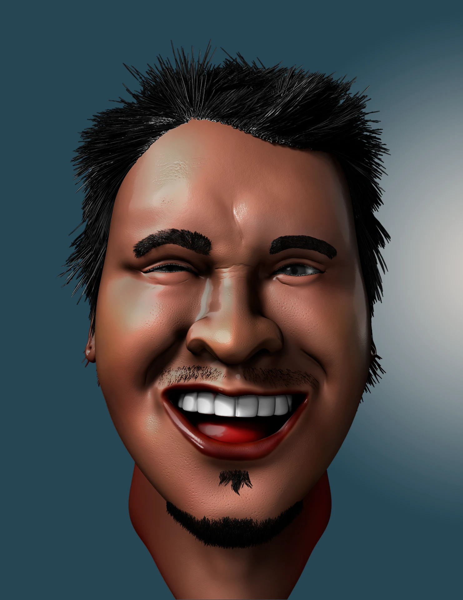 Render de cabeça masculina sorridente sobre fundo azul