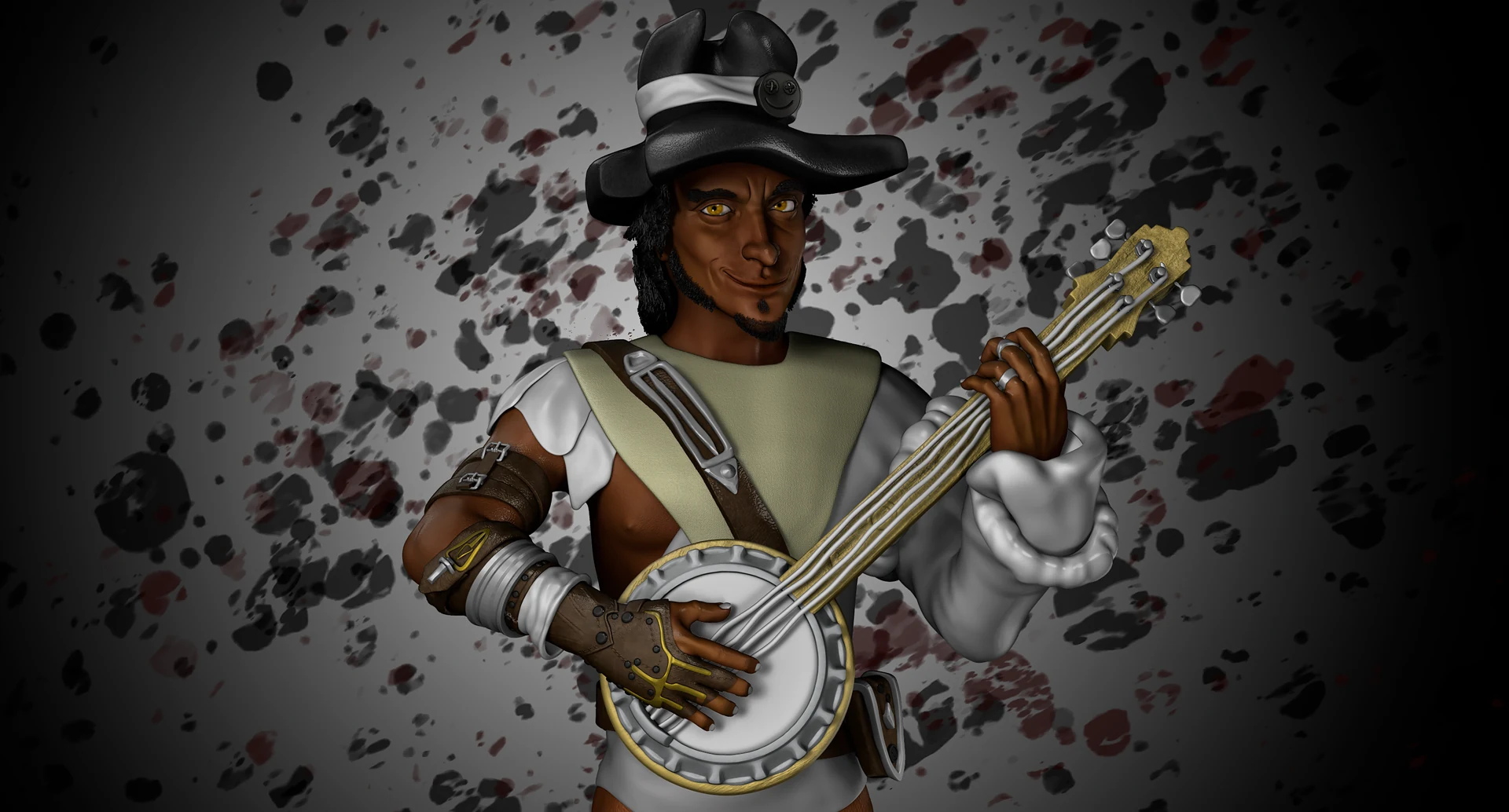 Render de personagem com chapéu tocando instrumento de cordas sobre fundo escuro
