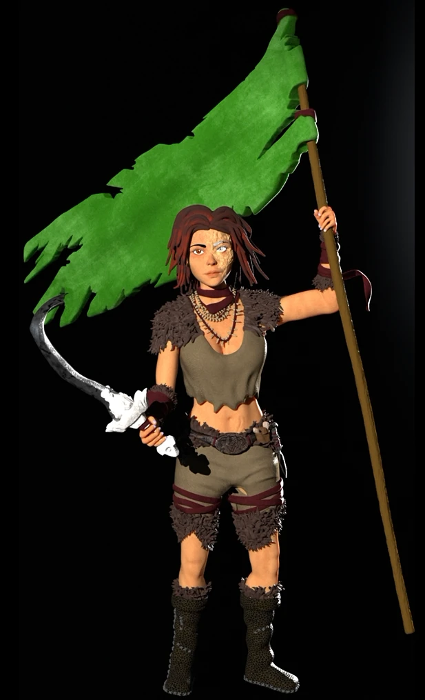 Render de Moira com espada curva e bandeira verde, homenagem à protagonista do livro de Marcelo P. Neves