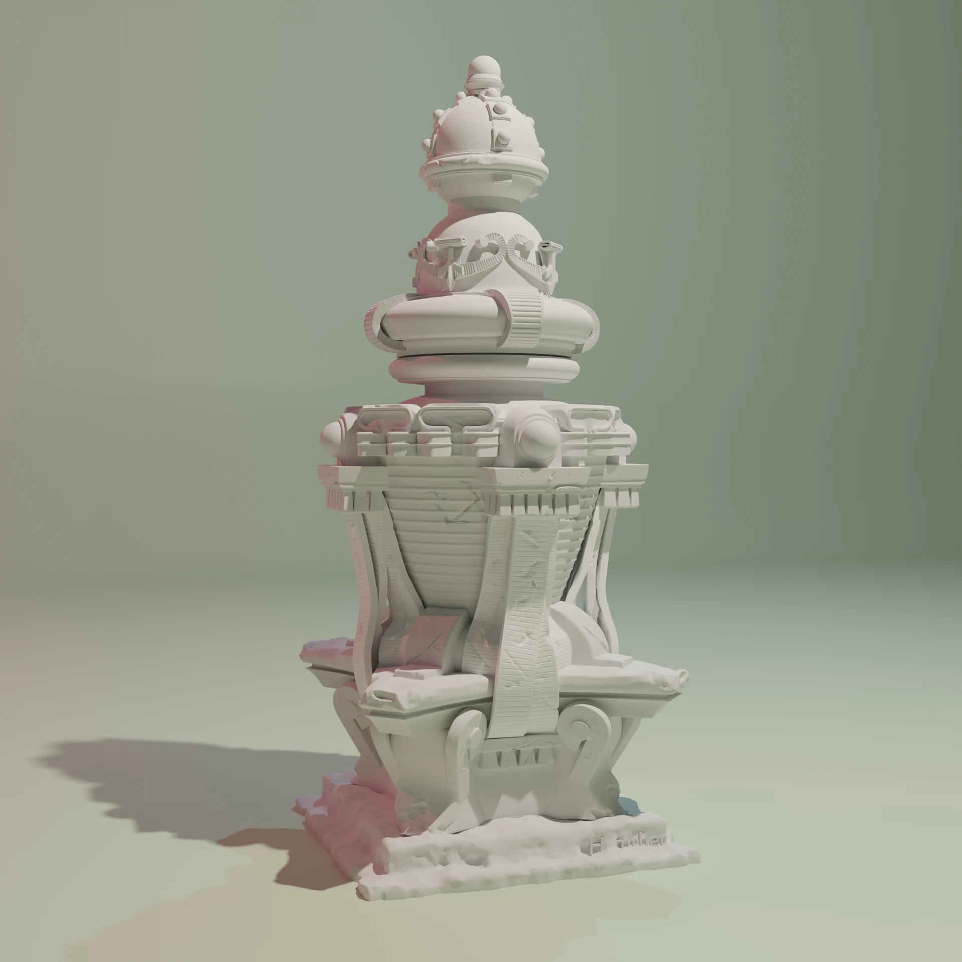 Render de totem ornamental claro composto por volumes empilhados