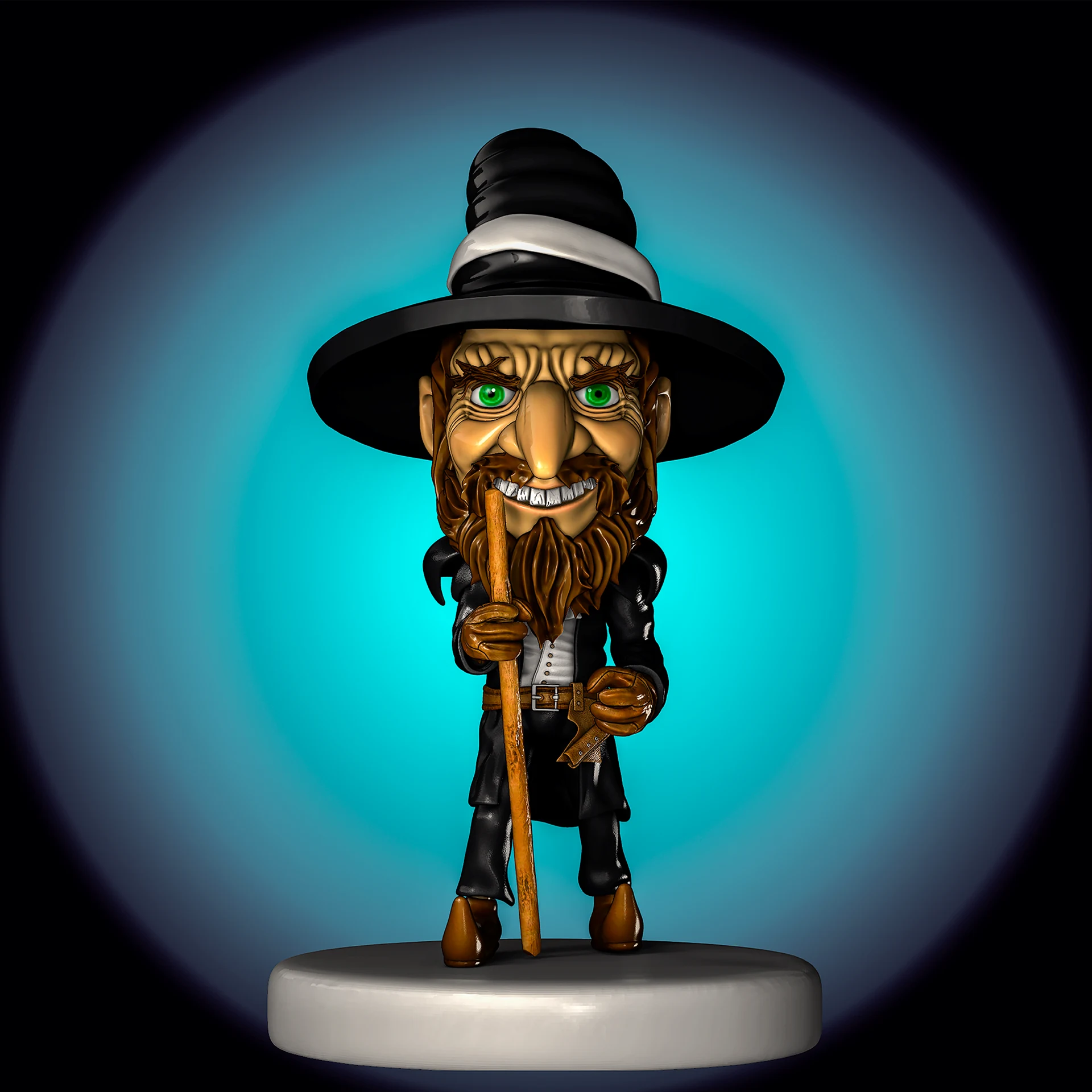 Render de personagem estilizado barbudo com chapéu preto, cajado e pedestal