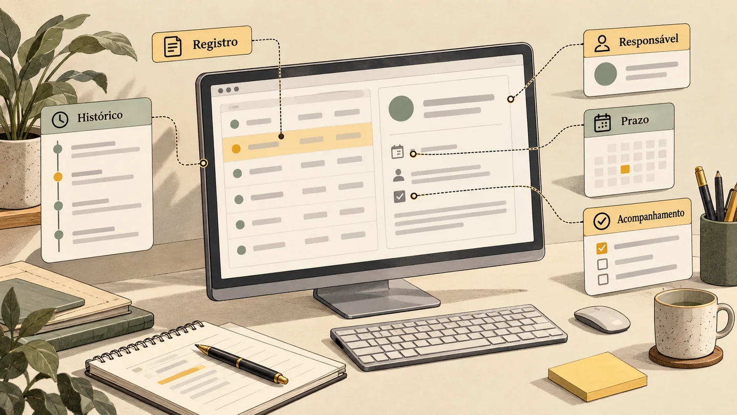 Ilustração de registro, histórico, responsável, prazo e acompanhamento em uma interface genérica.